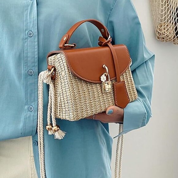 Neiman Marcus Brown Natural Woven Floral Straw Box Bag - Picture 6 of 6